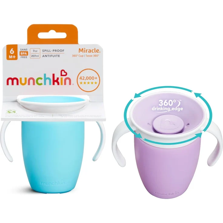 Munchkin Miracle 360°-Trinkbecher für Babys und Kleinkinder, 2er-Set, BPA-frei, mit Griffen, auslaufsicher & spülmaschinenfest, für Kinder ab 6 Monaten - 207 ml, blau/lila