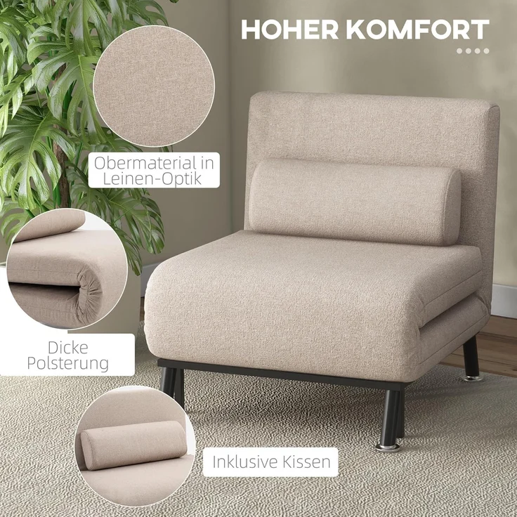 HOMCOM Sessel mit Bettfunktion, Rückenkissen (Klappbett mit Bettfunktion, 1-St, Schlafsessel), für Schlafzimmer, Beige, 75cm x 70cm x 75cm – Bild 5