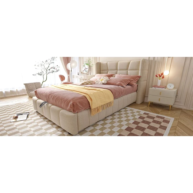 EINHOM Polsterbett 90 x 200 cm, Kinderbett mit Lattenrost, Kopfteil und Pneumatischem Stauraumsystem, Leinenrahmen, Geeignet für Kinder und Jugendliche, Beige, (Ohne Matratze) – Bild 7