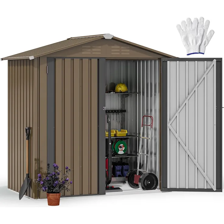 DWVO Gerätehaus 6x4 Fuß (183x122 cm) aus Metall, Gartenhaus mit abschließbarer Tür, Wetterfester Aufbewahrungsschuppen aus feuerverzinktem Stahl für Werkzeuge, Garten & Terrasse - Braun