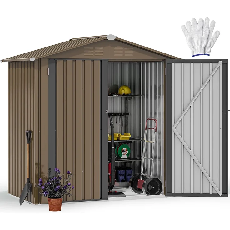 DWVO Gerätehaus 6x4 Fuß (183x122 cm) aus Metall, Gartenhaus mit abschließbarer Tür, Wetterfester Aufbewahrungsschuppen aus feuerverzinktem Stahl für Werkzeuge, Garten & Terrasse - Braun
