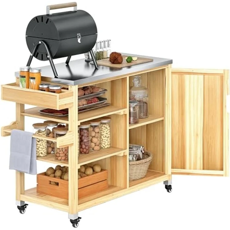 Outsunny Servierwagen 6-Etagen mit Arbeitsfläche Handtuchregal, aus Tannenholz, (BBQ Grilltisch, 1 St, Grillwagen), für Garten, Terrasse 134,5x50x91,5cm Naturholz – Bild 1