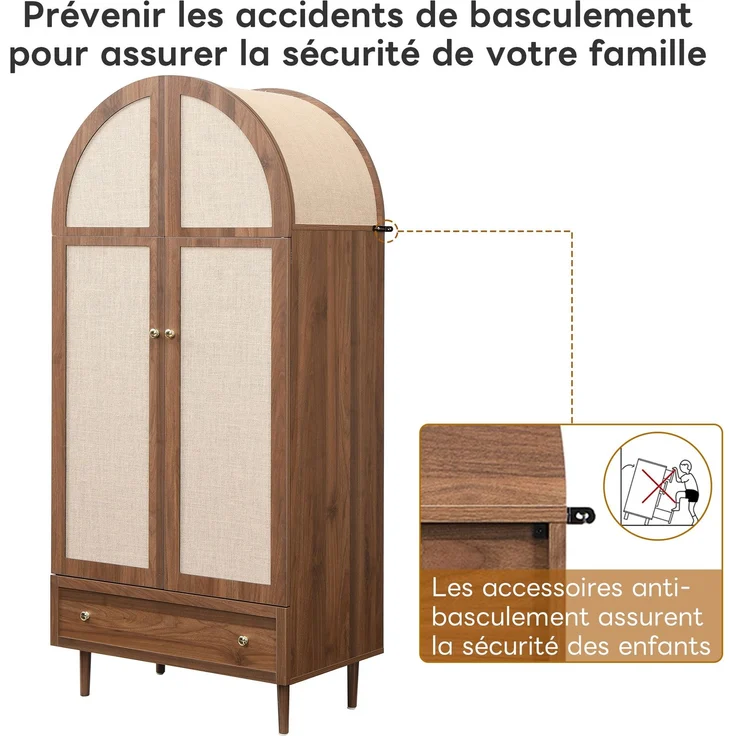 Kleiderschrank mit Schubladen, Holztüren mit Leinenstoff-Bezug, großer Stauraum, Garderobenschrank für Schlafzimmer, moderne Aufbewahrungslösung--Holz--79x50x175cm--YOUDENOVA – Bild 8