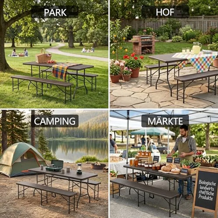 Ball & Cast Bierzeltgarnitur 3-teilig Klappbar, Biertisch Klapptisch mit 2 Sitzbänken, 180 cm Gartenmöbel Set für Innen und Außen, Braun – Bild 6