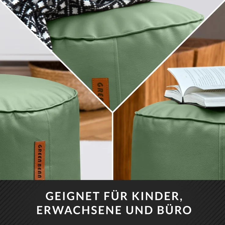 Green Bean® Sitzhocker aus Kunstleder - Pouf mit EPS Perlen Füllung - 43 x 30 cm - perfekte Ergänzung zum Sitzsack - Hellgrau-Grün – Bild 3