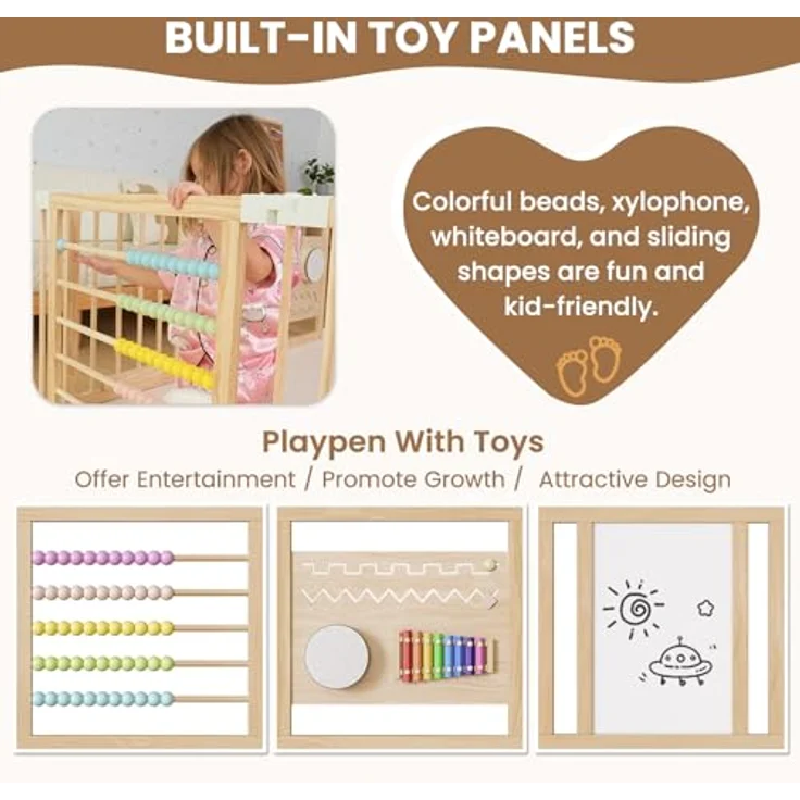 Laufstall Baby Holz mit Spielcenter – 160x80x61cm Verstellbare Größe & Form Laufgitter, Faltbarer Laufstall aus Holz, Spielzaun mit Tor für Babys und Kleinkinder(6 Stück) – Bild 4