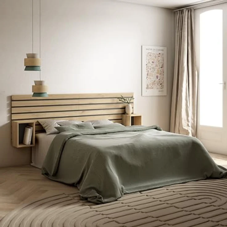 Skraut Home | Kopfteil, Nachttischen | Lamellenwand Holz | 214 x 70 x 3 | 135,140,150,160 cm Bett | Stauraum | Moderner Stil | Eiche – Bild 3