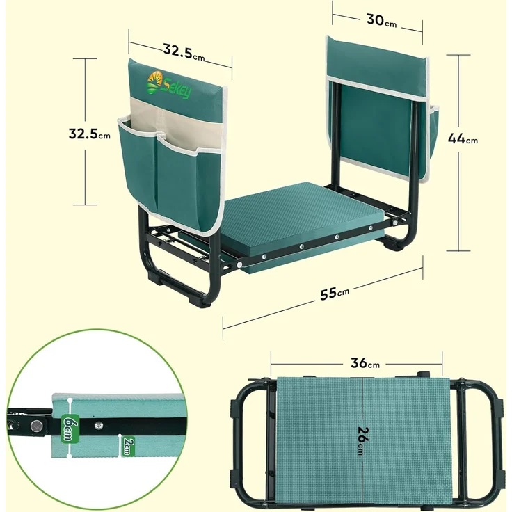 Sekey Höhenverstellbare Kniebank für Gartenarbeit Belastbarkeit 180KG, Gartenhocker Klappbar mit Werkzeugtaschen, Knie Komfort Garten, Grün – Bild 3