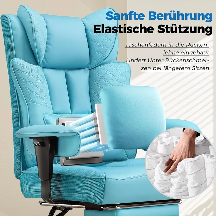 GTPLAYER Bürostuhl, Ergonomischer Gaming Stuhl mit Fußstütze Chefsessel bis 200kg, PU-Leder Schreibtischstuhl mit Taschenfeder-Kissen und Lendenwirbelstütze, Höhenverstellbar Home Office Stuhl – Bild 3