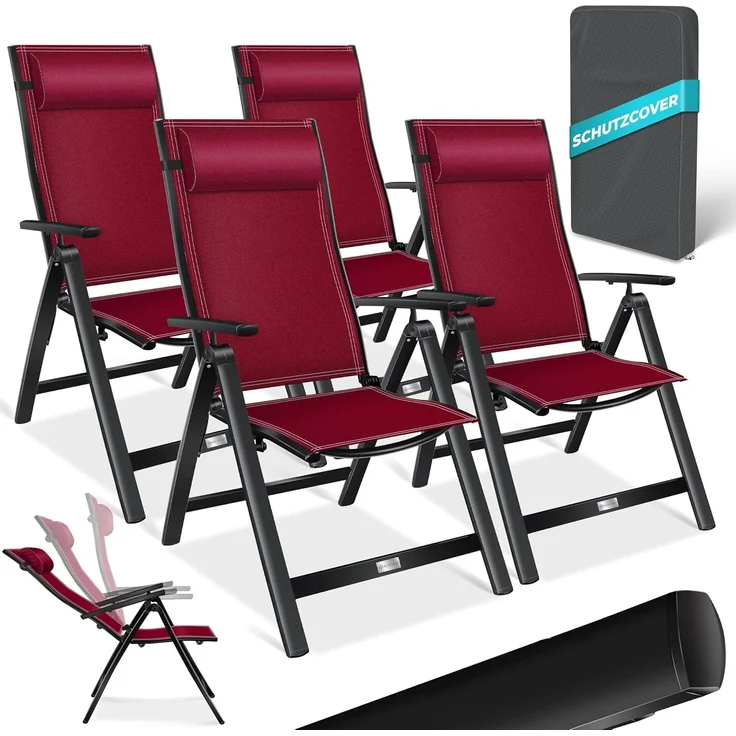 KESSER® Gartenstuhl Hochlehner mit Armlehnen | Aluminium Klappstuhl inkl. Kopfkissen Campingstuhl 7-Fach Verstellbar Rückenlehne | Atmungsaktiv & Wetterfest | Klappbar & Anti-Rutsch 4 Stück, Bordeaux Rot – Bild 1