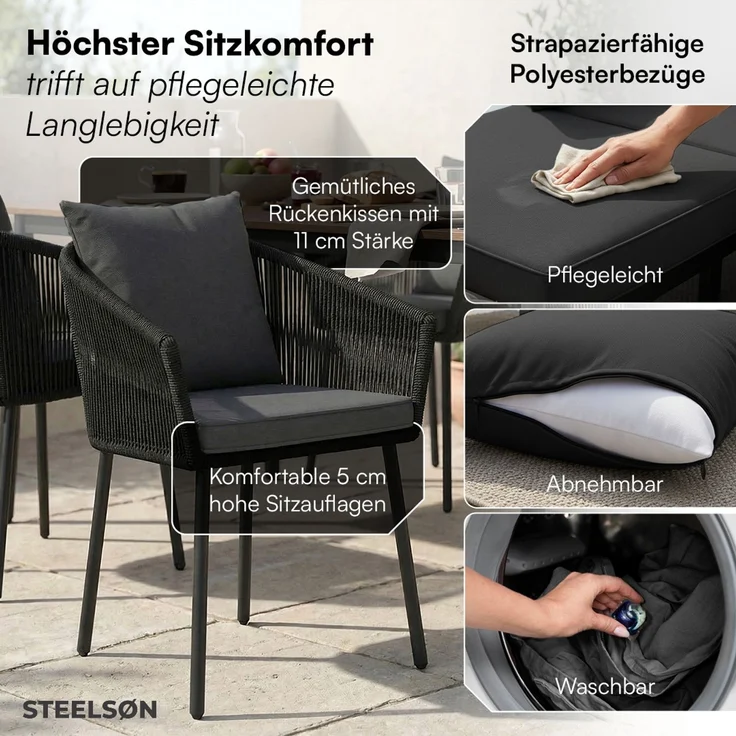 STEELSØN 'Nair' Polyrattan Gartenstuhl, 2er-Set, schwarz, wetterfest & UV-beständig, Balkonstühle bis 160 kg belastbar, Gartensessel inkl. Kissen – Bild 2