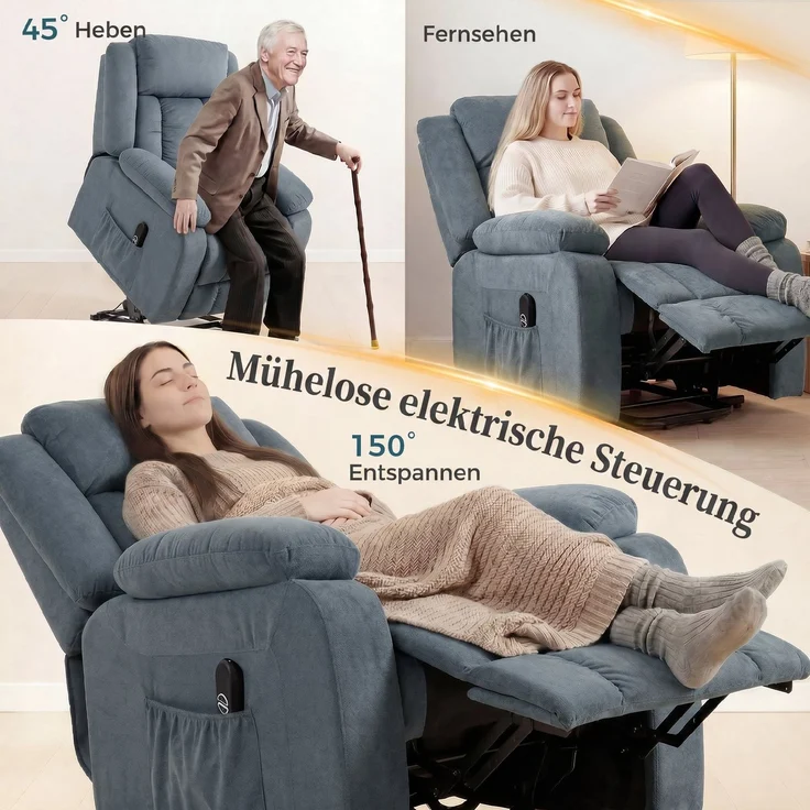Wohnora-Aufstehsessel mit weichem Bezug, Recliner-Sessel mit Fernbedienung und Seitentaschen, Grau,H 1050cm x T 940cm x B 920cm – Bild 5