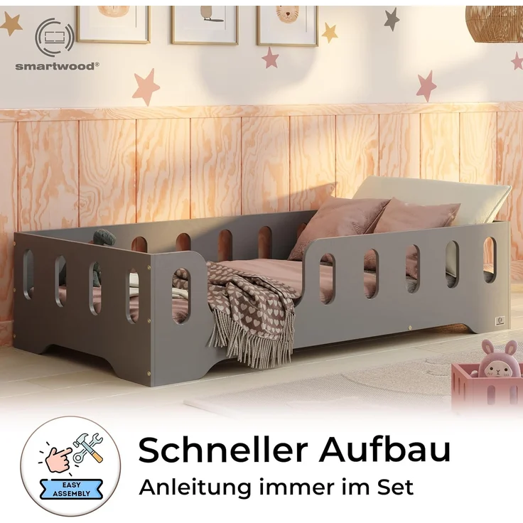 smartwood Kinderbett Bodenbett 100x180 mit Rausfallschutz & Lattenrost - Grau - Kinder Montessori Bett TILA 2L mit glatten Kanten - Betten für schnelle Montage - Bis 230 kg belastbar – Bild 4