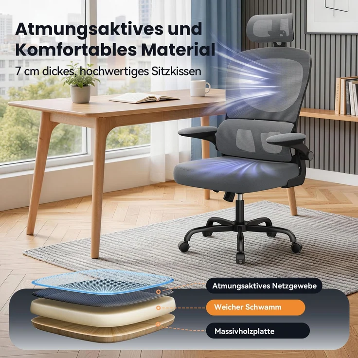 Botifly Ergonomischer Bürostuhl, Mesh-Gewebe, Grau, 90°-120° Wippfunktion, 10 cm Höhenverstellbar, 52 x 25.5 x 62 cm – Bild 5