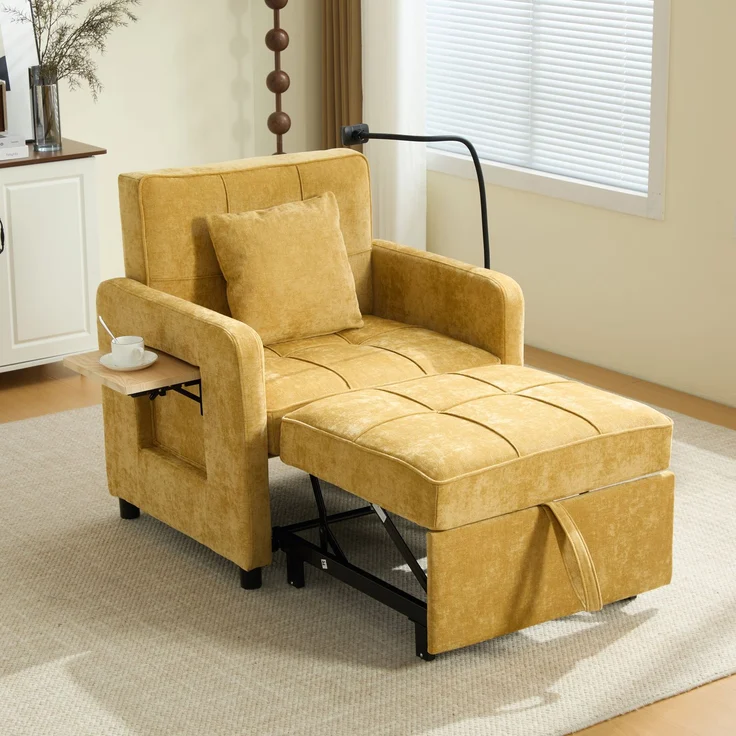 LVHOM Multifunktionaler Schlafsessel mit klappbarer Ablage, Ausziehbares 1-Sitzer Schlafsofa mit Handyhalter und Seitentaschen, Loungesessel, Gelb – Bild 1