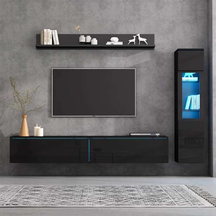 Flieks Wohnwand 3-teilig mit RGB-LED, TV-Lowboard, Vitrine und Wandregal für TVs bis 80 Zoll, Hochglanz Schwarz – Bild 2