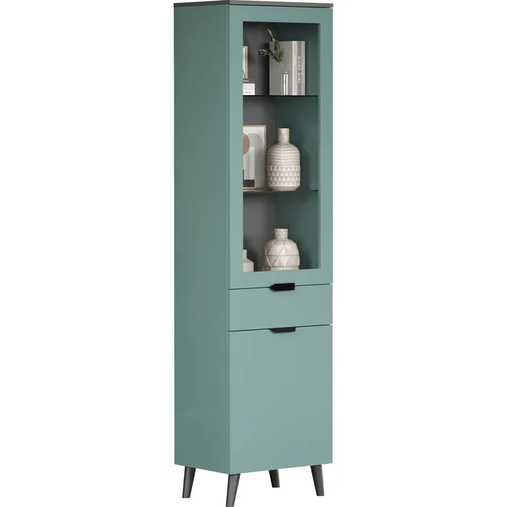 trendteam smart living 'Melton' Vitrine, Melamin Dusk Blue / Massivholzfüße schwarz, 49 x 195 x 37 cm