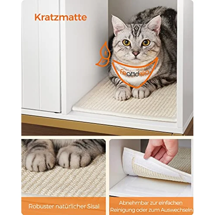 Feandrea Katzenklo-Schrank, Katzenhaus, Katzentoilette, mit Kratzmatte, hohe Beine, für Katzen, Beistelltisch, 80 x 50 x 55 cm, weiß-goldfarben PCL007W01 – Bild 6