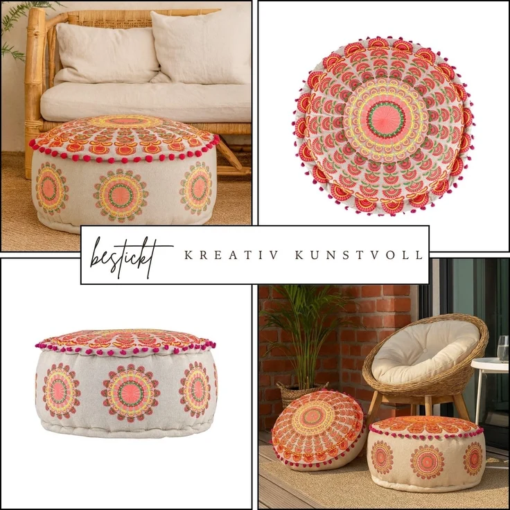 Marrakesch Orient & Mediterran Interior Pouf Pouf Garet Orange, runder Baumwoll-Sitzpouf bestickt 50x25 cm (1-St), Handarbeit – Bild 4