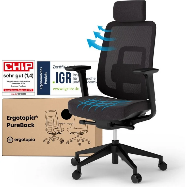 Ergotopia 'PureBack' ergonomischer Bürostuhl mit Lordosenstütze & 4D-Armlehne, Schwarz, mit Kopfstütze – Bild 2