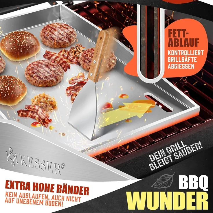 KESSER® Grillplatte Plancha aus Edelstahl 40x30cm rostfrei mit Fettablauf, hitzebeständig bis 800°C & Spülmaschinenfest für Gas & Holzkohlegrill inkl. 2 Spatel, Grillschürze, Grillmatte & Rezeptbuch Weiß, Plancha – Bild 4