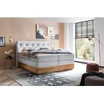 Belanoti MARBO Boxspringbett 180x200 mit Bettkasten 7-Zonen Taschenfederkern Matratze inklusive Visco Topper Bett 180x200 Eiche in der Farbe Weissgrau H2/H3 Polsterbett mit Massivholz Eiche