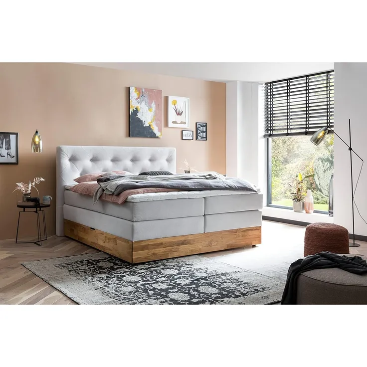 Belanoti MARBO Boxspringbett 180x200 mit Bettkasten 7-Zonen Taschenfederkern Matratze inklusive Visco Topper Bett 180x200 Eiche in der Farbe Weissgrau H2/H3 Polsterbett mit Massivholz Eiche