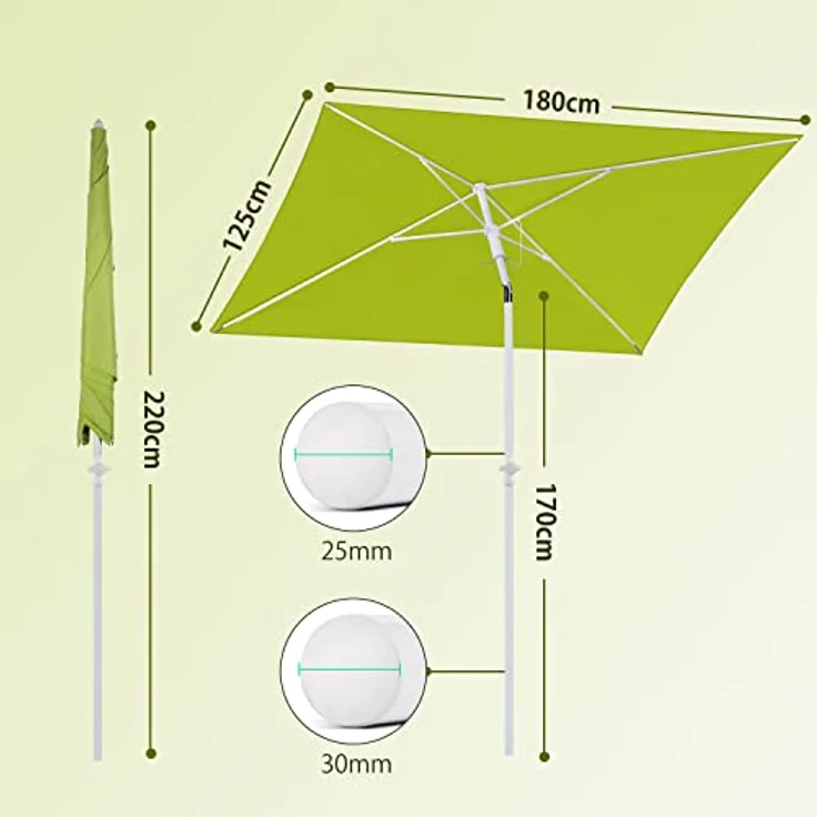 Sekey 180 × 125 cm Sonnenschirm mit Schutzhülle, Balkonschirm Gartenschirm Terrassenschirm, Sonnenschutz UPF50+, Kippbar, Höhenverstellbar, Rechteckig- Grün – Bild 3