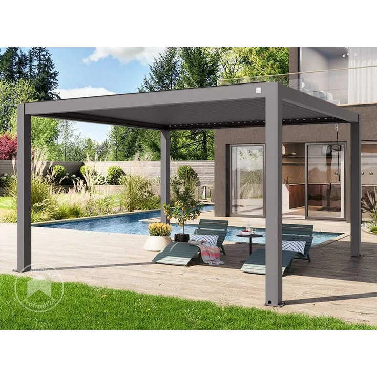 PRIMEYARD Pergola 4x4 m Aluminium Pfosten mit Lamellendach aus Aluminium graue Terrassenüberdachung – Bild 1