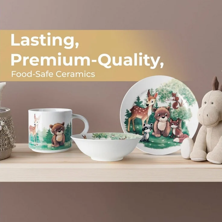 MiaMio Kindergeschirr-Set Wald Motiv Grün (3-tlg), 1 Personen, Keramik, Teller, Schüssel und Tasse mit Kindermotiv – Bild 4