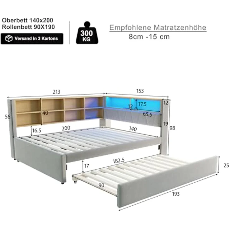 Ball & Cast Schlafsofa (140x200cm & 90 * 190cm) Tagesbett mit USB-Anschlüssen und Leuchten, Einzelbett mit Mehreren Ablagefächern, Ohne Matratze, Hellgrau – Bild 2