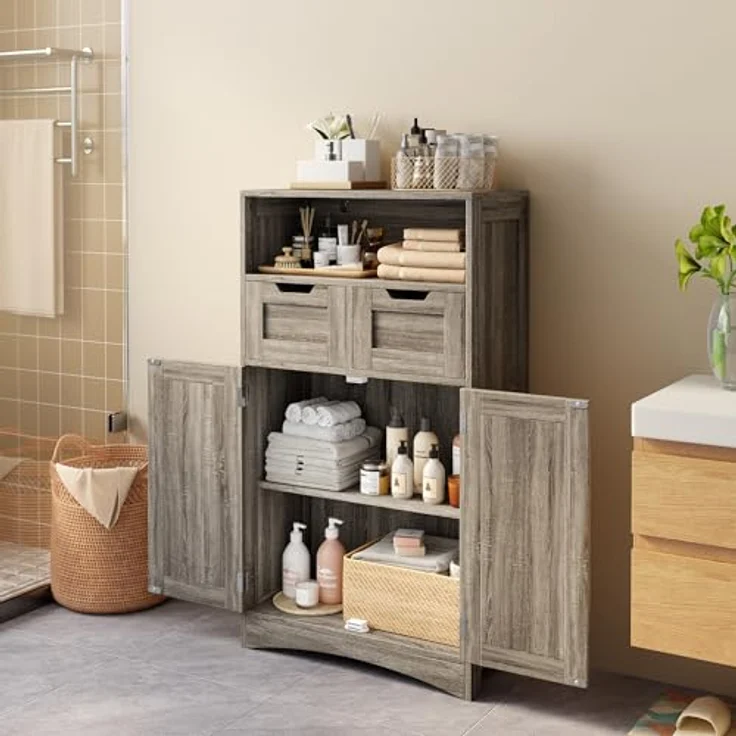 Bealife Badezimmerschrank mit 2 Schubladen, verstellbares Regal, multifunktional, für Badezimmer, Schlafzimmer, Flur (60 x 30 x 108 cm) (grau) – Bild 9