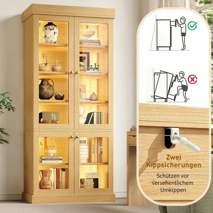 Odikalo Vitrine Vitrineschrank Glasvitrine mit LED (durchdachter Innenaufteilung und Kippschutz, stabil, sicher und vielseitig für Zuhause) 80×40×180cm – Bild 4