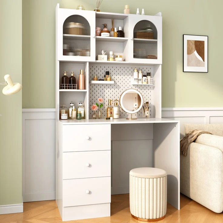 Schreibtisch mit Regal, Vitrine & Pinnwand, 100x55x180 cm, Weiß – Bild 1