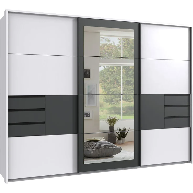 Schwebetürenschrank Kleiderschrank 273 cm Passepartout Schubladen Spiegel Weiß Grafit – Bild 1
