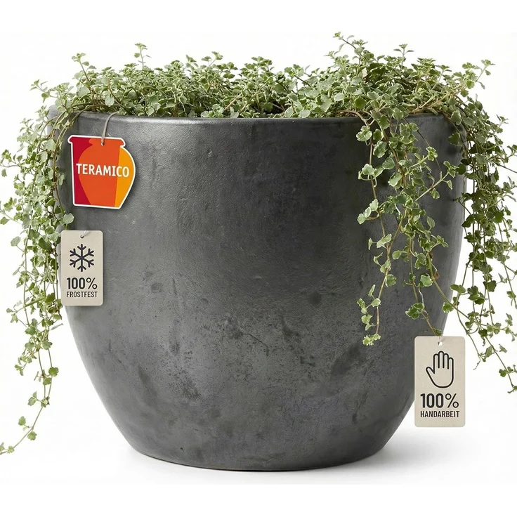 Keramik Blumentopf Eggpot Anthrazit Ø 48cm - Frostfest Pflanzkübel XXL Grau