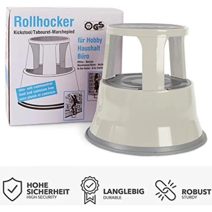 Floordirekt Rollhocker, Tritthocker, Elefantenfuß - Hocker aus Stahl bis 150kg Tragkraft für Büro oder Gewerbe (Lichtgrau, Metall) – Bild 3