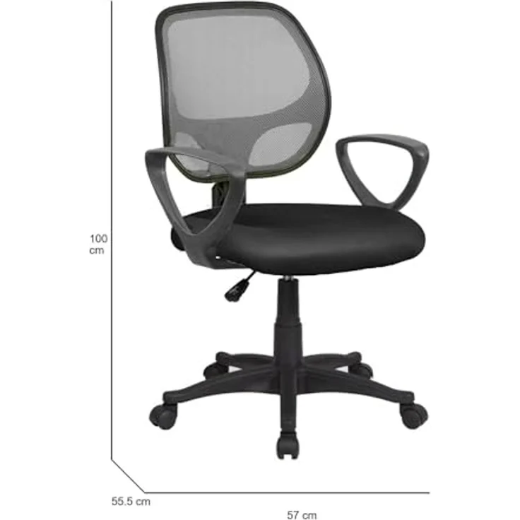 Dmora - Stuhl mit Rädern Geraldton, Mesh-Arbeitsstuhl mit Armlehnen, ergonomischer Bürositz, 56x57h88/100 cm, Schwarz und Grau – Bild 3