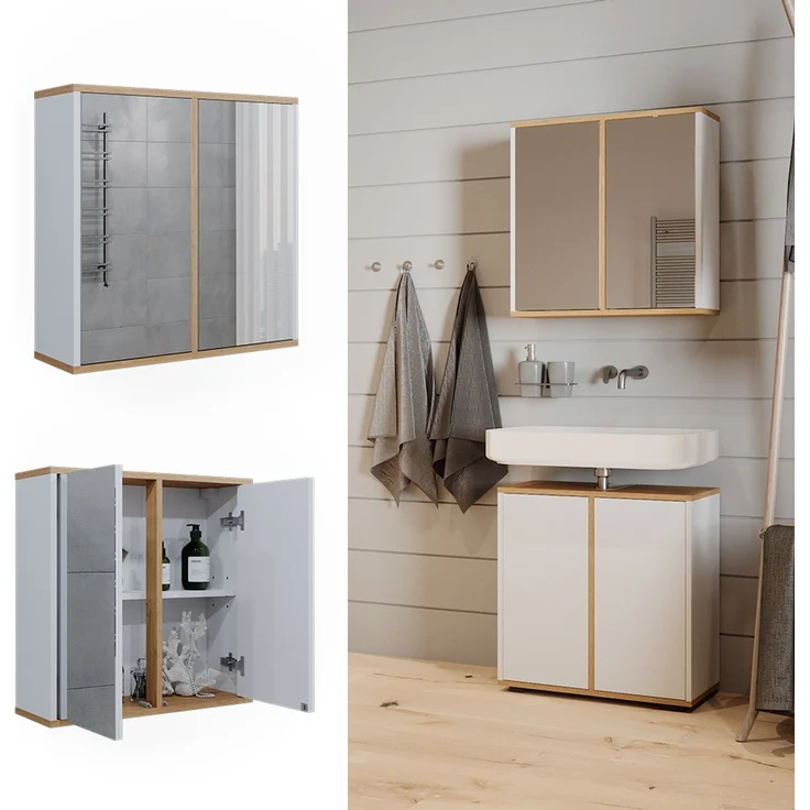 Badspiegelschrank Didi Weiß/Artisan 60 x 60 cm mit zwei Spiegeltüren Vicco – Bild 2