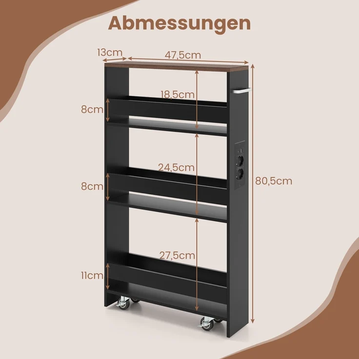 13 cm schlanker Aufbewahrungswagen mit Ladestation 4-stufiger rollbarer Küchenwagen mit Griff Schwarz + Vintagebraun – Bild 2