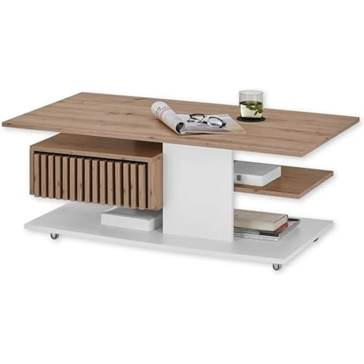Stella Trading Ally Couchtisch auf Rollen in Artisan Eiche Optik, Weiß - Mobiler Sofatisch mit Schublade für Ihr Wohnzimmer - 110 x 44,5 x 60 cm (B/H/T) – Bild 1