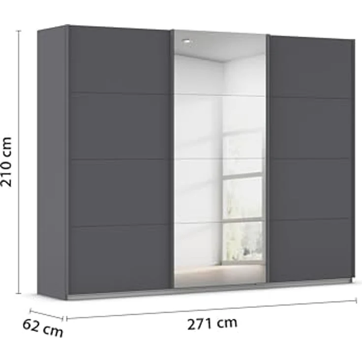 Rauch Möbel Kulmbach, Kleiderschrank mit Schwebetüren für Schlafzimmer, Kinderzimmer, Flur, 3-türig, mit Spiegel und Soft-Close-Funktion, Zubehör Premium, Farbe Grau metallic, Schwarz, Breite 271 cm – Bild 3