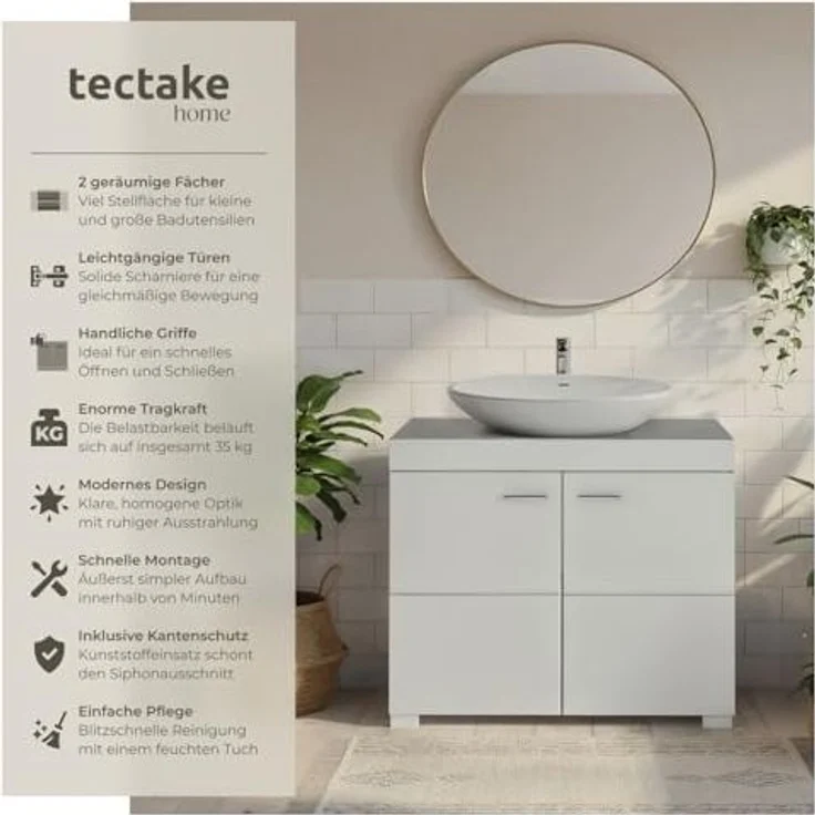 tectake Waschbeckenunterschrank Badezimmerschrank Idris, 2 Fächer, Belastbarkeit 35 kg (60 x 35 x 56 cm) 2 geräumige Fächer – Bild 4