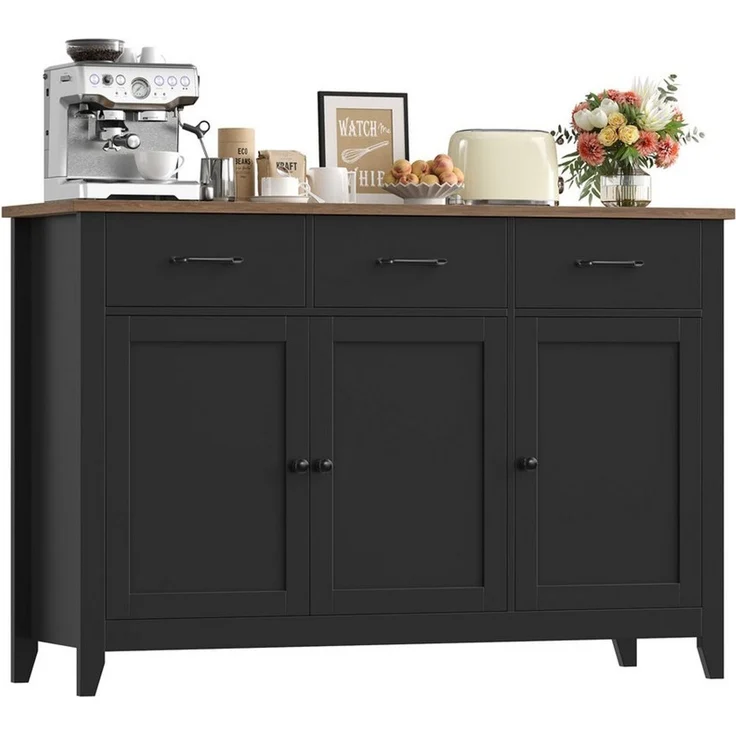 HOMECHO Sideboard, 120 cm Küchenschrank mit verstellbarem Regal, 3 Schubladen – Bild 1