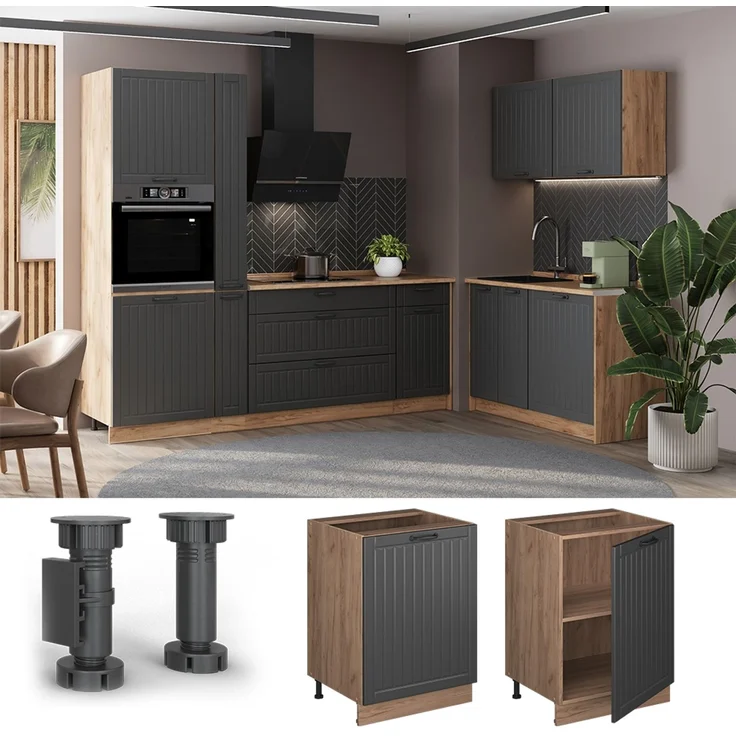 Küchenunterschrank Fame-Line Dunkelgrau/Goldkraft Eiche 60 cm 1 Tür mit Arbeitsplatte Vicco – Bild 4