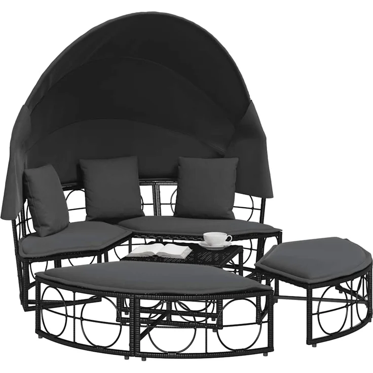 vidaXL Outdoor-Loungebett mit Dach und Kissen Schwarz Poly Rattan 4108234 – Bild 3