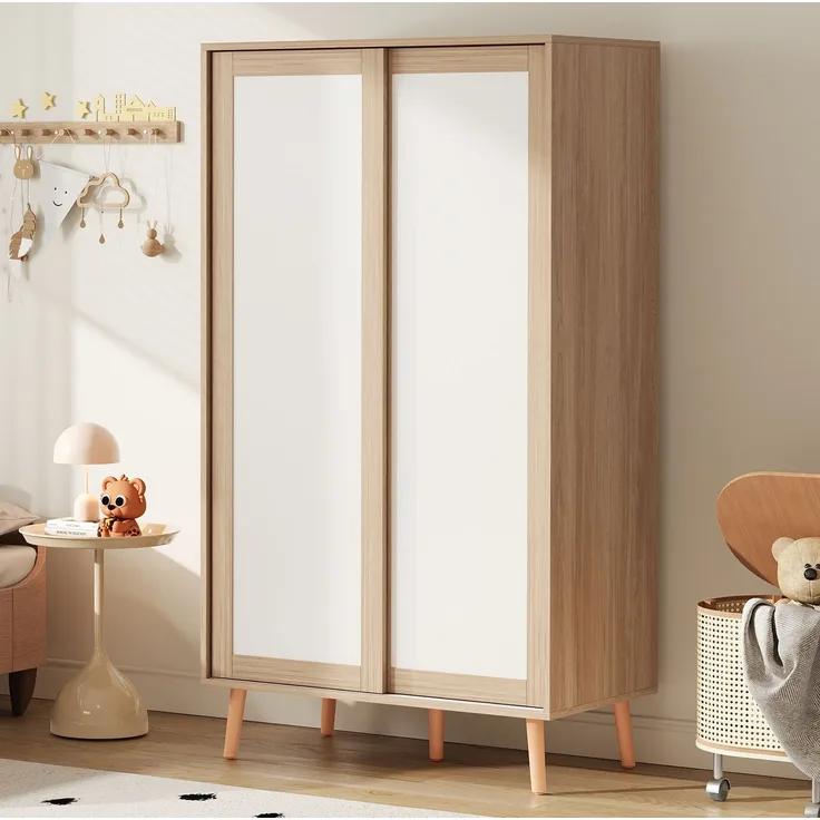 CHICFURN Kleiderschrank aus MDF mit Schiebetüren und Kleiderstange – Weiß/Natur 80x46x141.5 cm