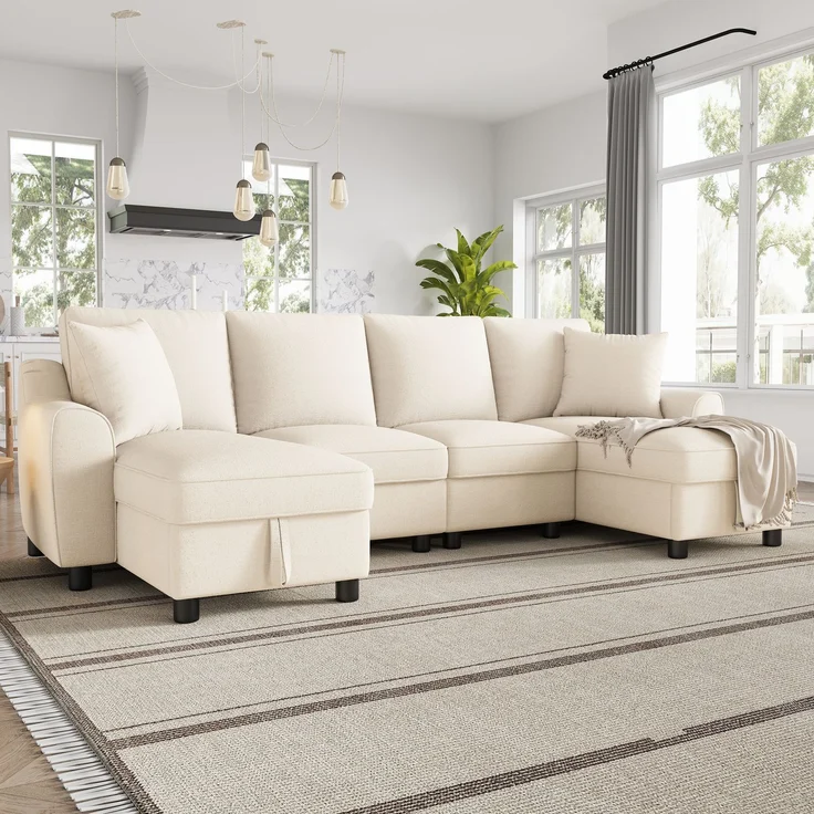 Chenille-U-Sofa mit 2 Stauraum-Chaiselongues und 2 Kissen, gepolsterte Wohnlandschaft 280 cm mit Taschenfederkern, Beige – Bild 5