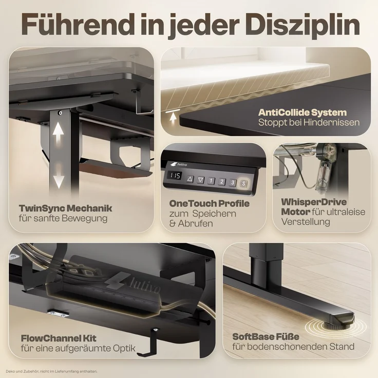 LUTIVO Foxtrot, Höhenverstellbarer Schreibtisch Elektrisch, Memory-Funktion und Kabelmanagement, 120 x 60 cm, Schwarz/Schwarz – Bild 8