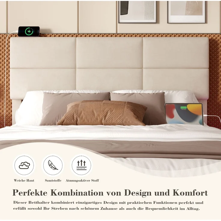 Boxspringbett Samt Beige Höhenverstellbar mit LED Beleuchtung USB Anschluss Hydraulik Stauraum Kopfteil Doppelbett – Bild 8
